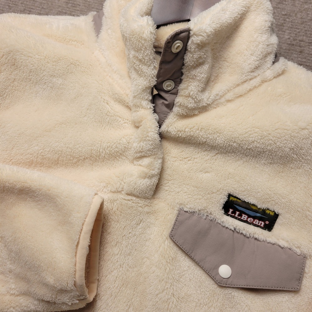 LL Bean Hi-Pile Fleece Pullover Women M Cream Grey Snap Mock Neck Jacket